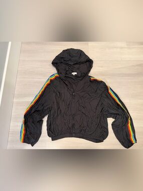 Rave Black Hooded Windbreaker with Rainbow Stripe
